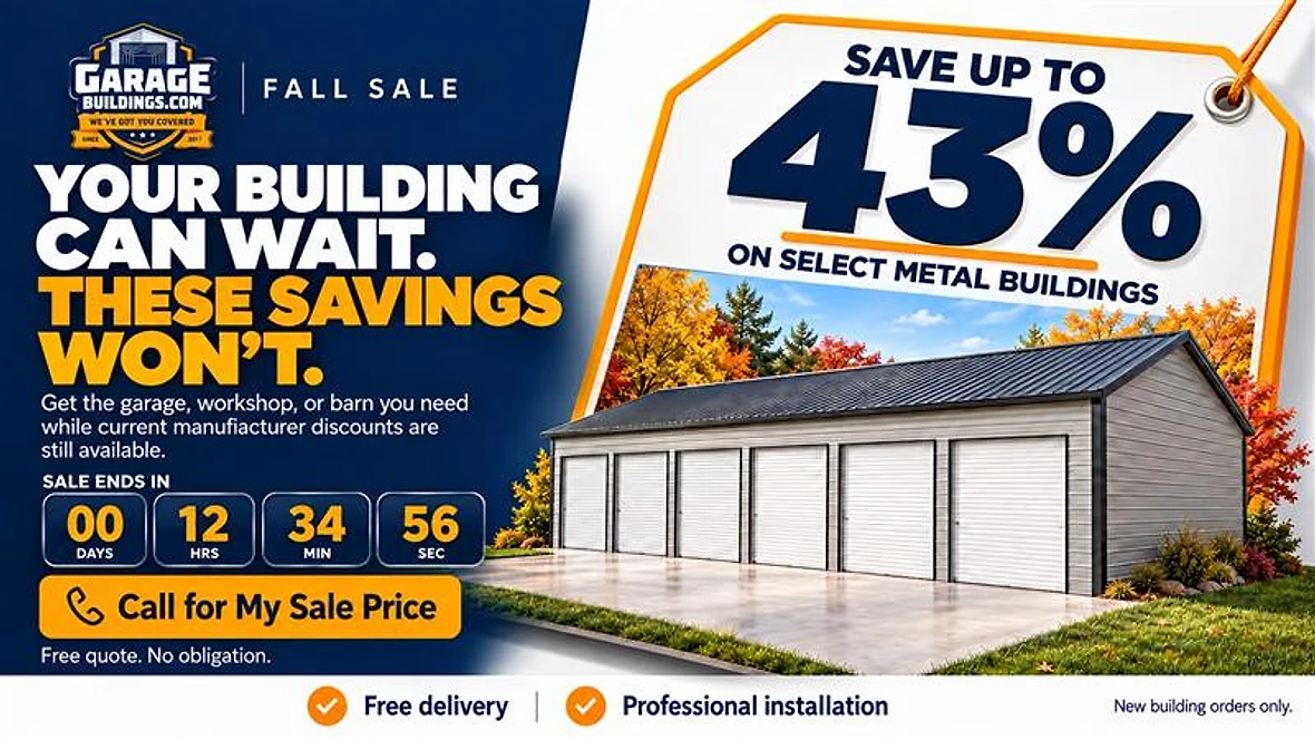 Fall Sale: get the garage, workshop, or barn you need while current manufacturer discounts are still available. Free delivery and professional installation on new building orders. Gray metal garage with six white roll-up doors among autumn trees.