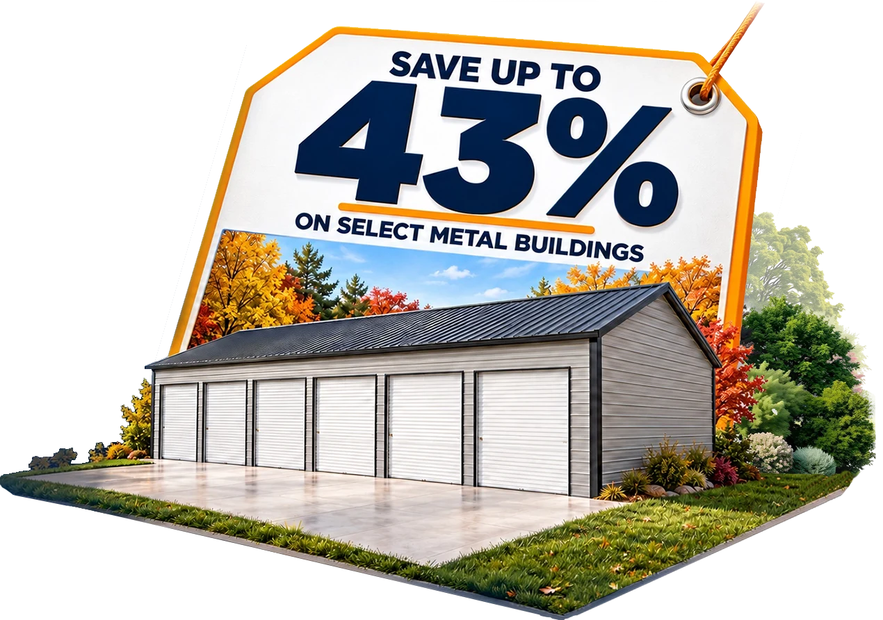 Gray metal garage with six white roll-up doors and a black roof on a concrete pad among autumn trees, beside a 43% off price tag