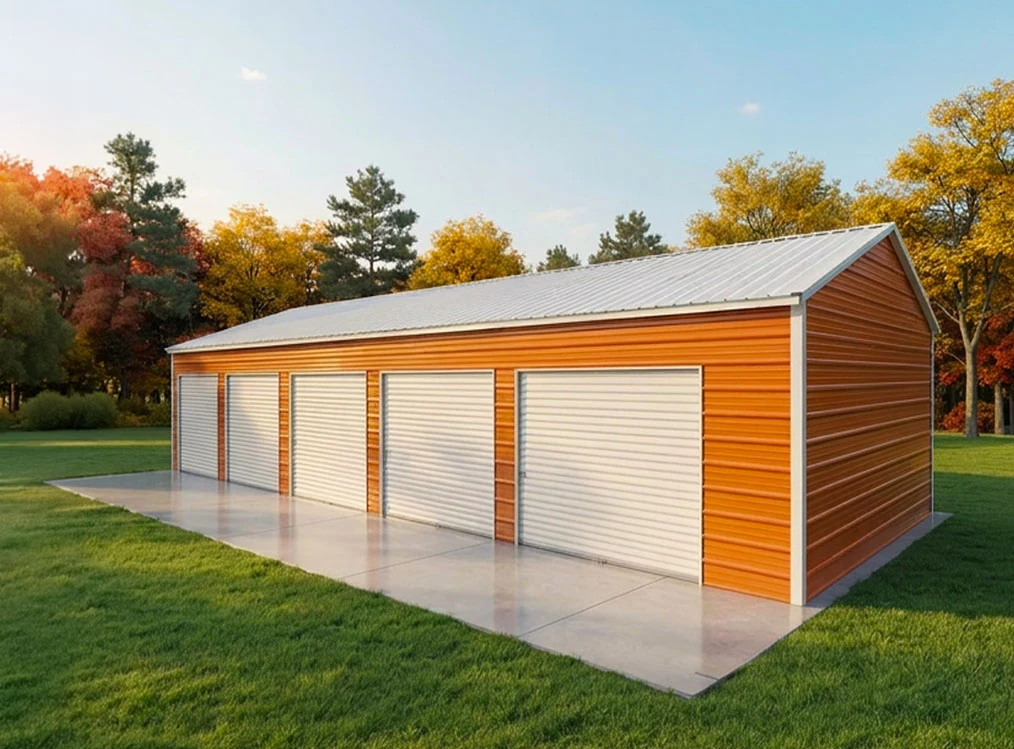 Orange metal garage with five white roll-up doors and a silver roof on a long concrete pad, surrounded by autumn trees