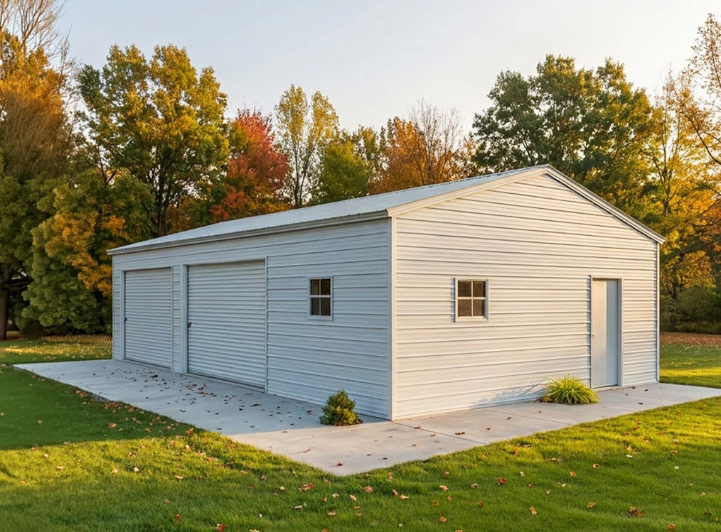 White metal garage with two roll-up doors, a walk-in door and two windows on a concrete pad, surrounded by autumn trees