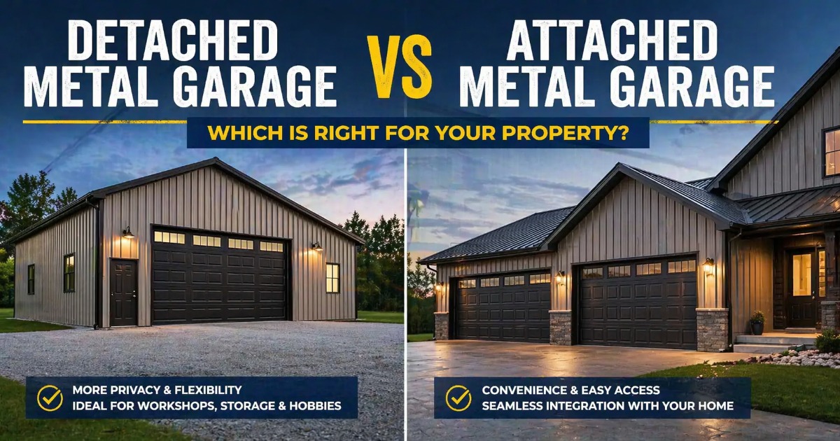 Comparison of detached and attached metal garages with descriptions of benefits