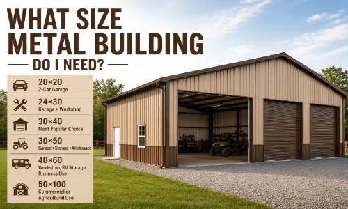 Metal building brochure with size options for garages and workshops