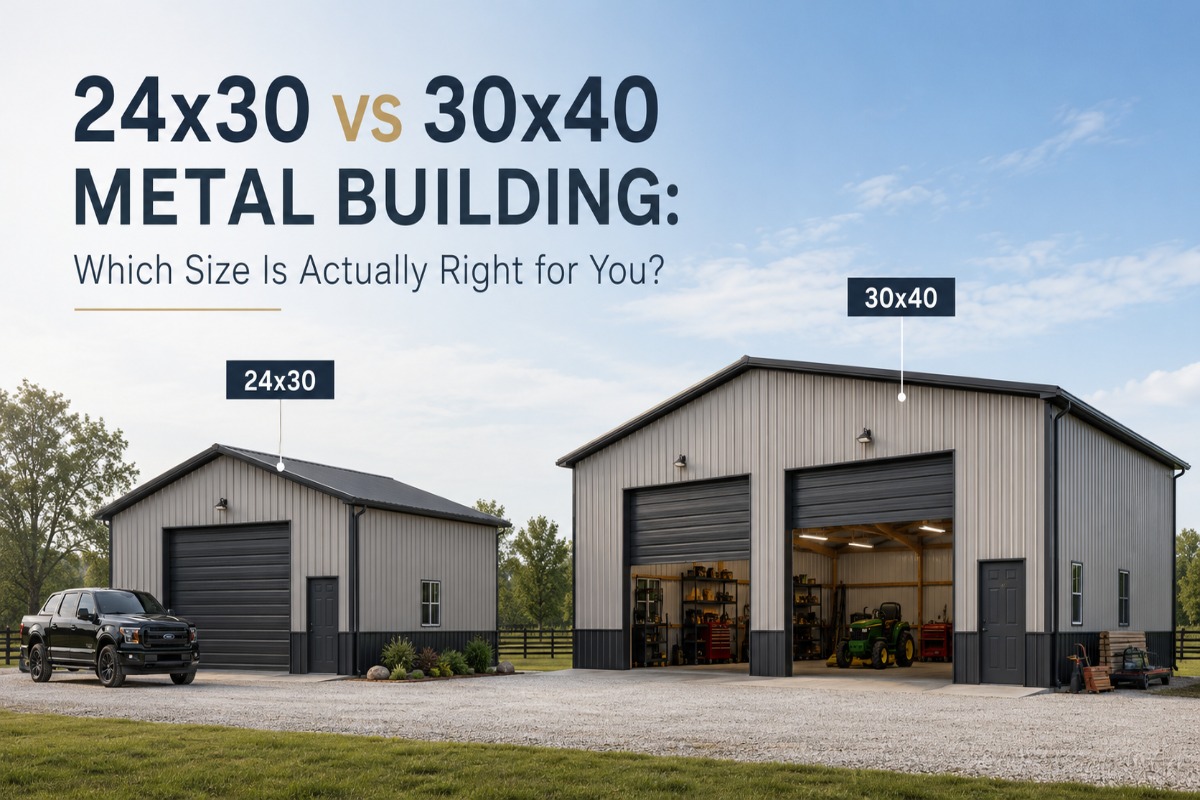 Comparison of two metal buildings: 24x30 on the left, 30x40 on the right