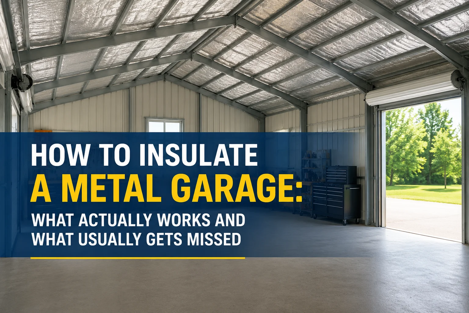 Interior view of a metal garage with a clear floor and organized workspace