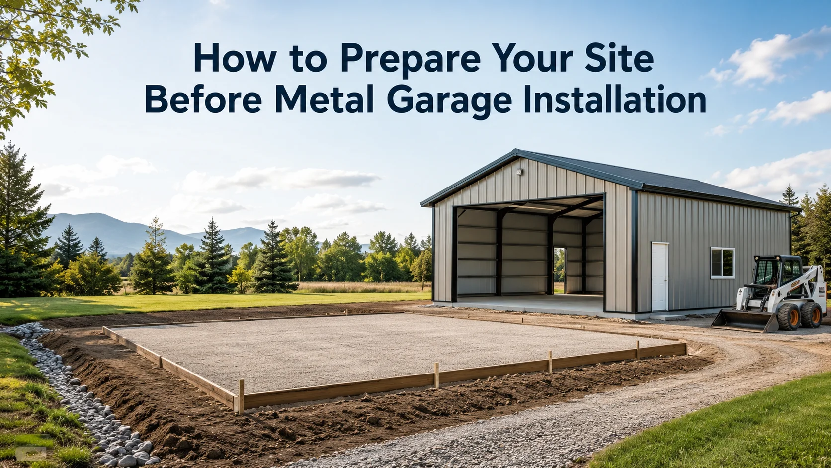 Metal garage structure alongside a prepared gravel site and landscaping