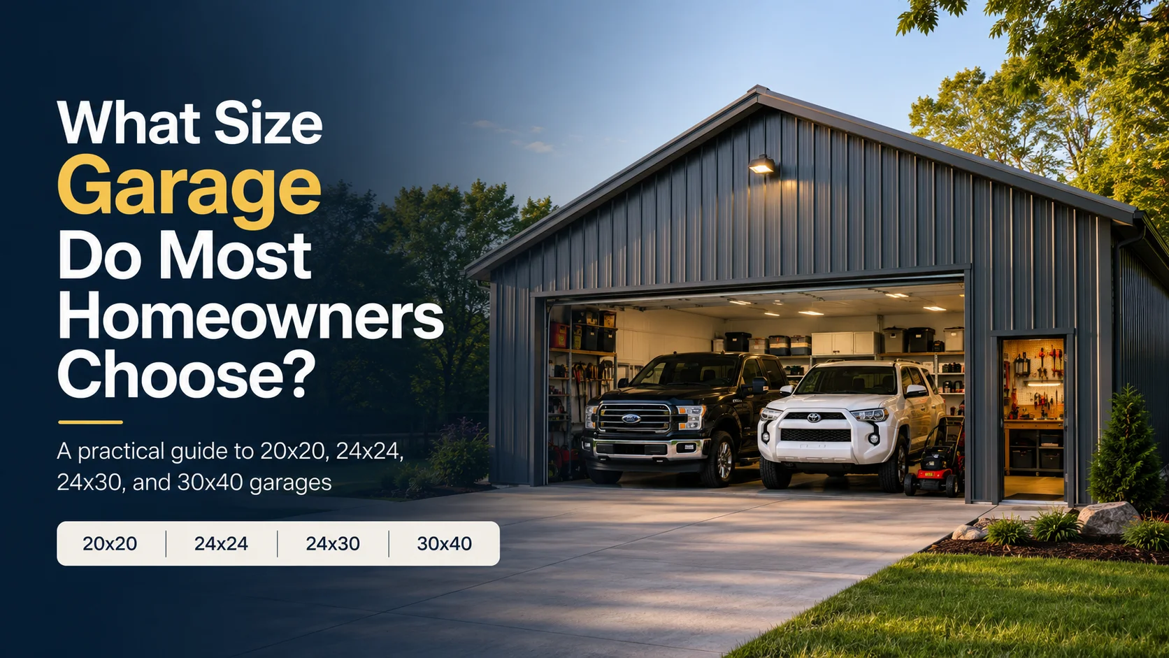 Modern garage with two vehicles parked inside, surrounded by trees