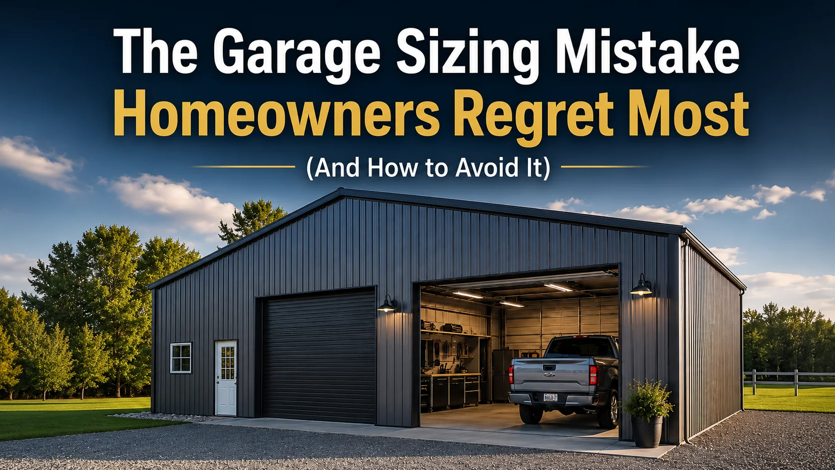 Modern garage with a truck parked inside and a welcoming exterior