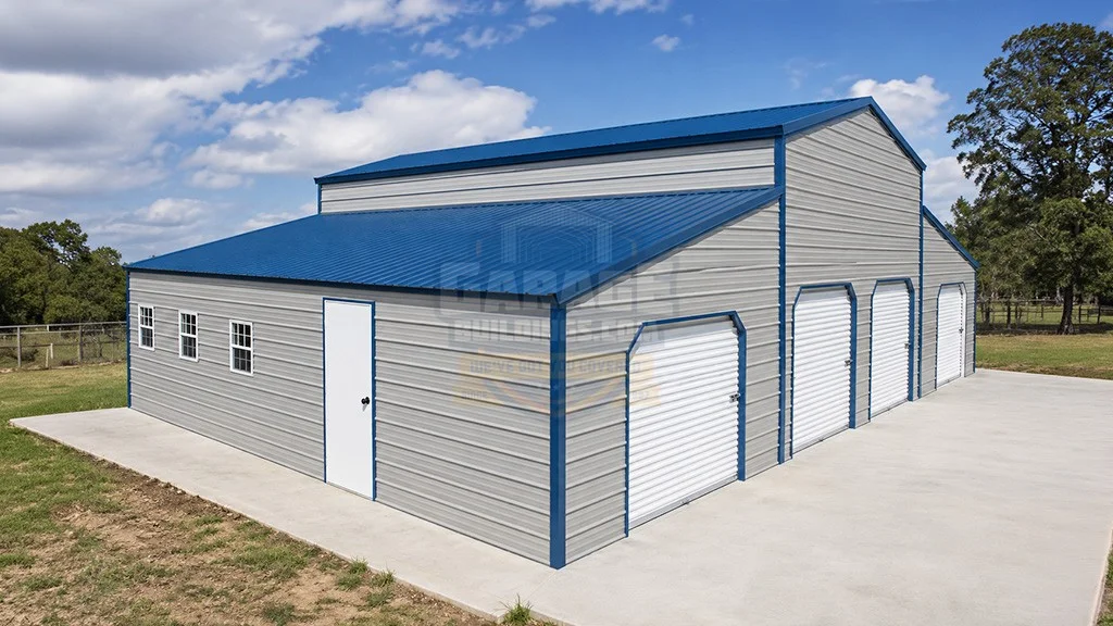Large gray storage building with a blue metal roof and roll-up doors
