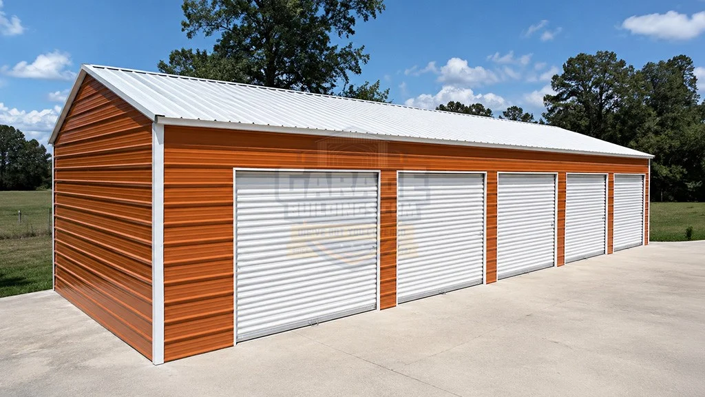 Orange storage building with multiple white roll-up doors under a blue sky