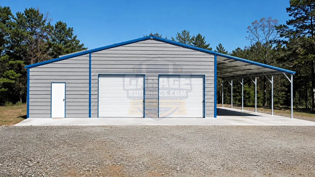 Large metal storage building with two roll-up doors and a concrete pathway