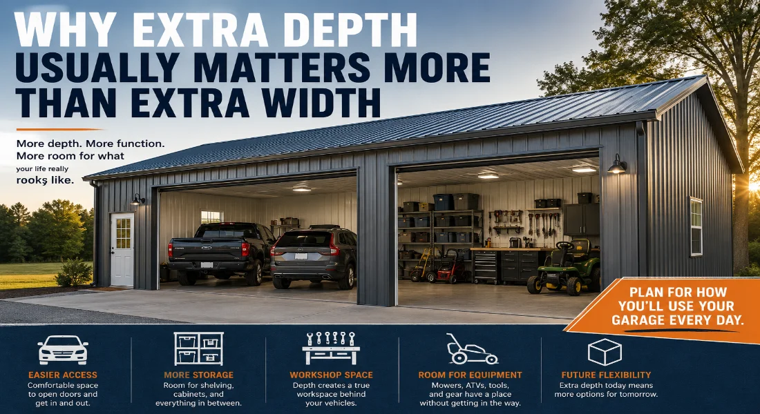 Garage with extra depth, showcasing storage, workshop space, and equipment