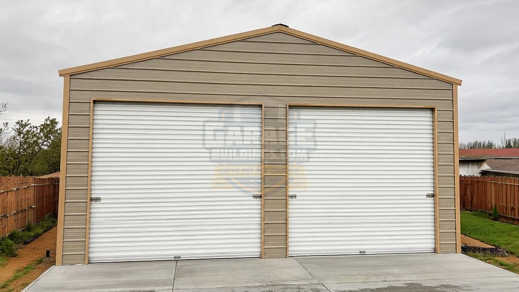 Large, modern garage with two white roll-up doors and wooden siding