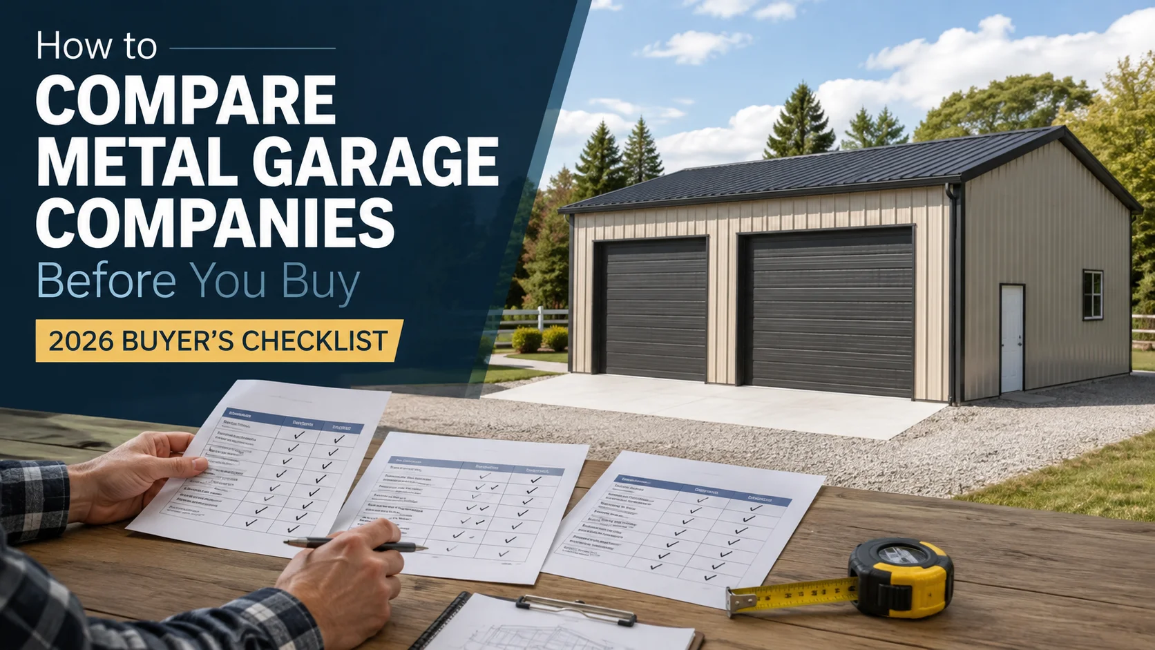Person reviewing checklists for comparing metal garage companies outdoors, garage in background