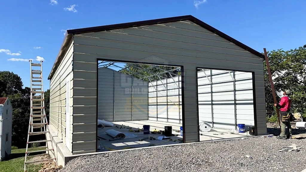 Newly constructed building with open bays, construction materials visible inside