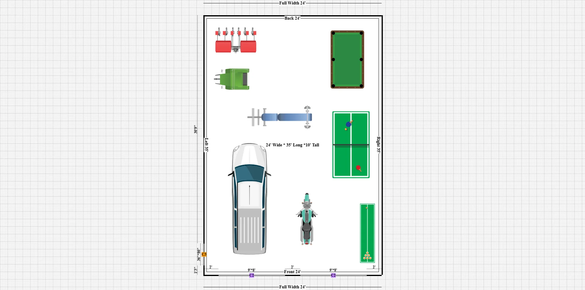 Layout design featuring a car, pool table, and various games in a spacious area