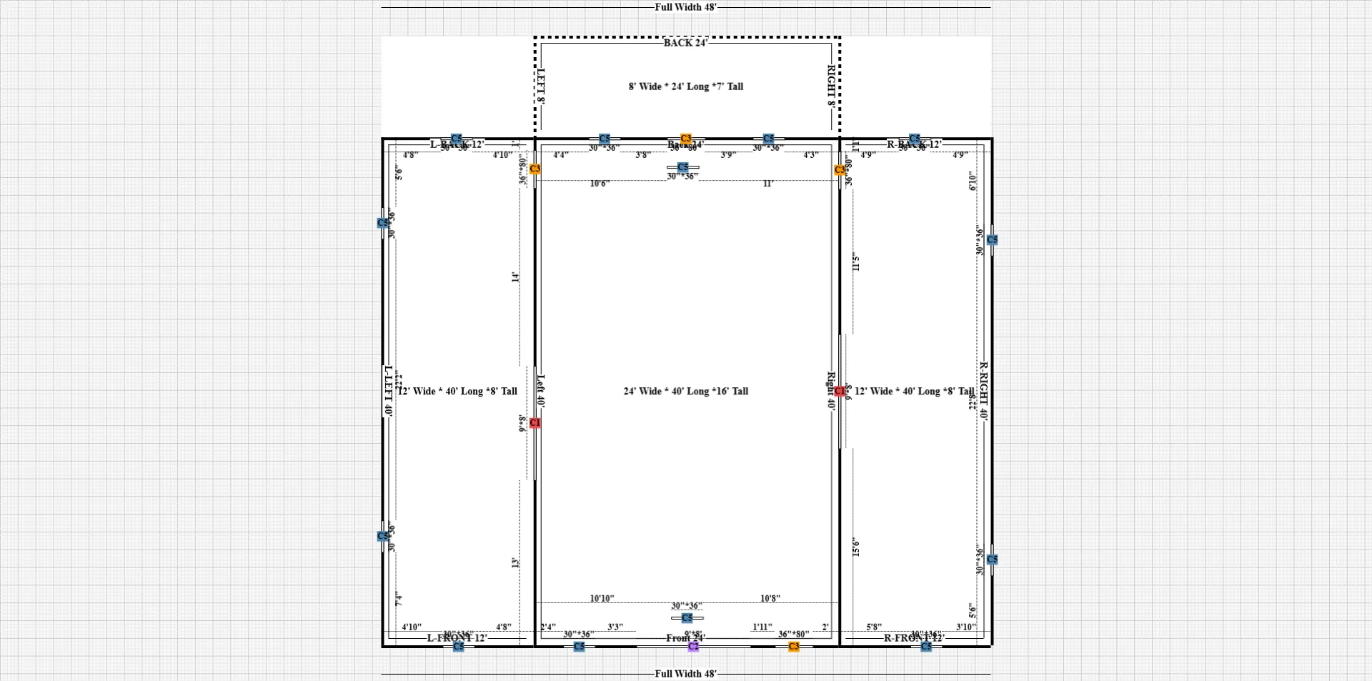 24x40x16 Raised Center Barns | 2D Engineering Drawing