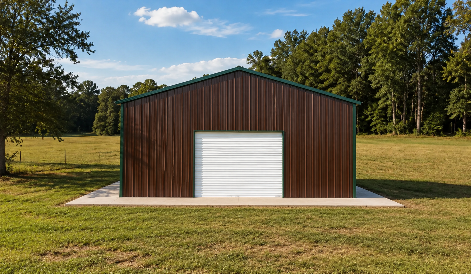 Brown metal shed with a white garage door in a grassy field
