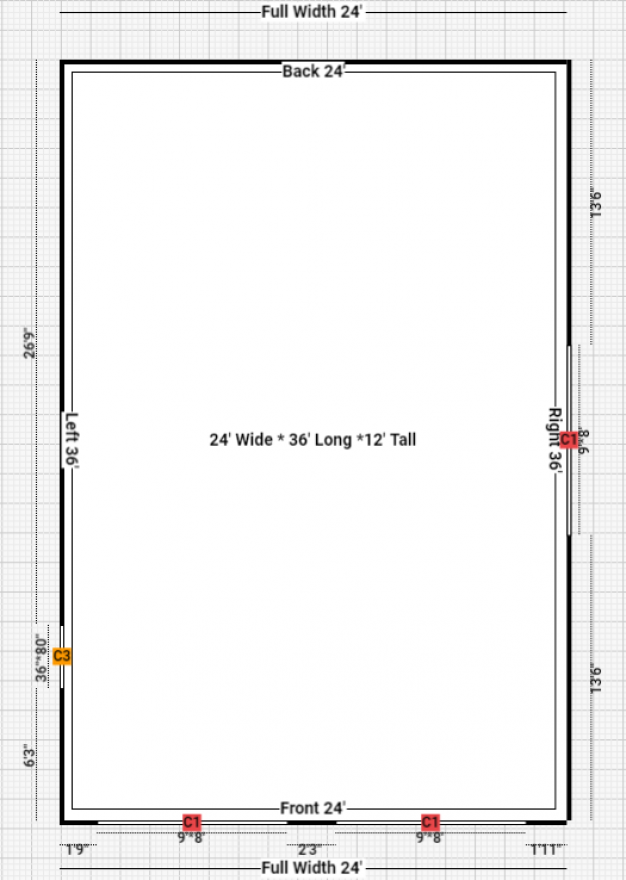 Blueprint layout of a rectangular structure measuring 24' wide by 36' long and 12' tall