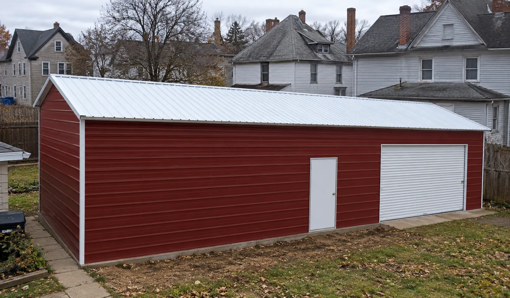 Red metal garage with white door and roof in residential area
