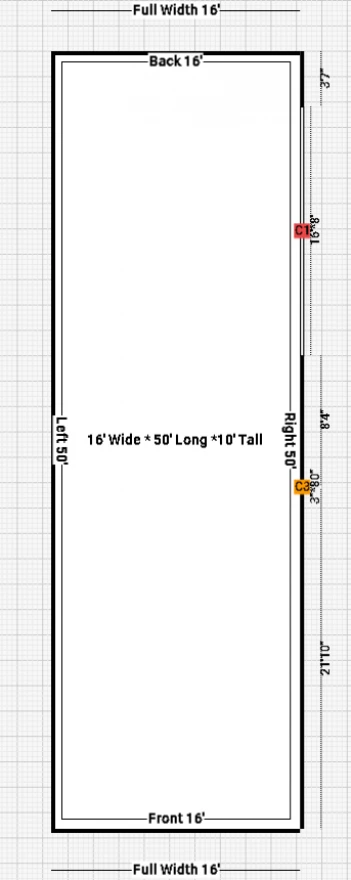 Blueprint layout of a rectangular structure measuring 16' wide by 50' long by 10' tall