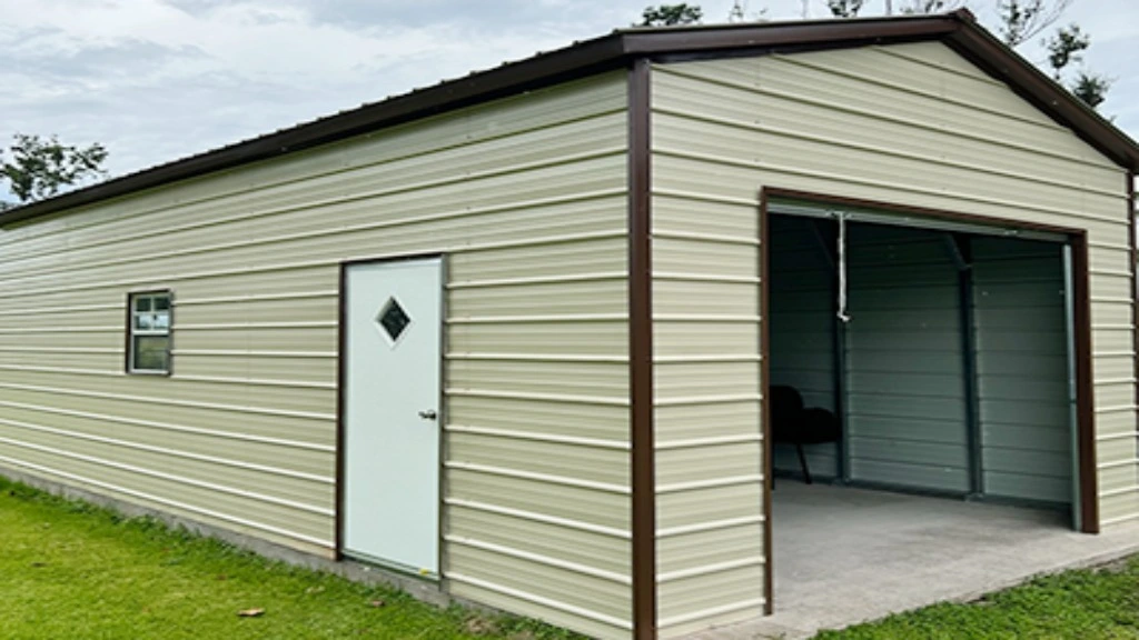 Metal storage shed with a white door and an open entrance