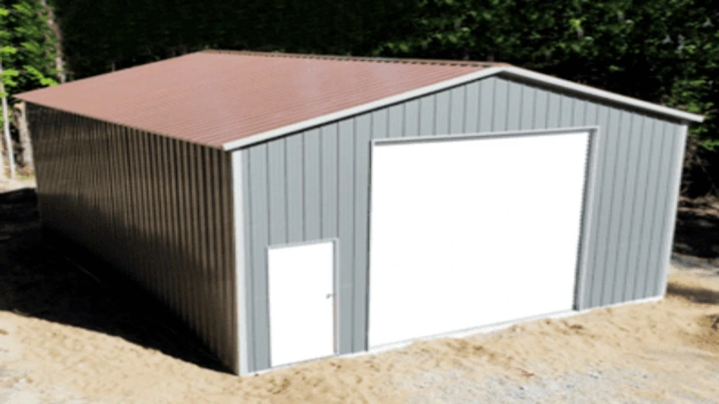 Steel storage shed with a red roof and large white door