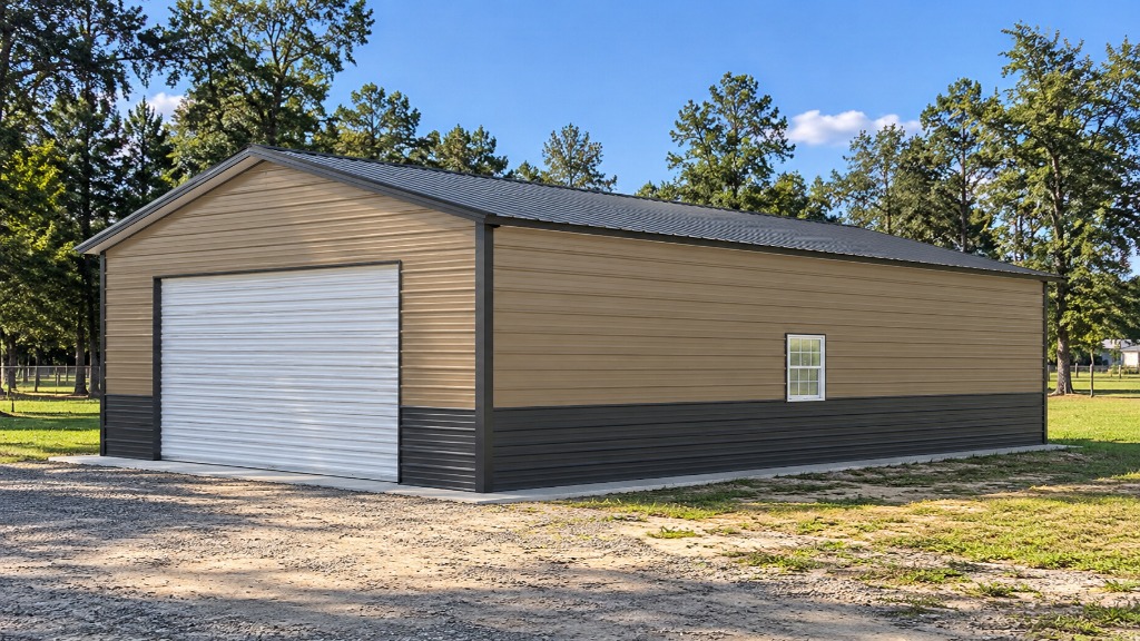 Side view of a large storage barn with a roll-up door