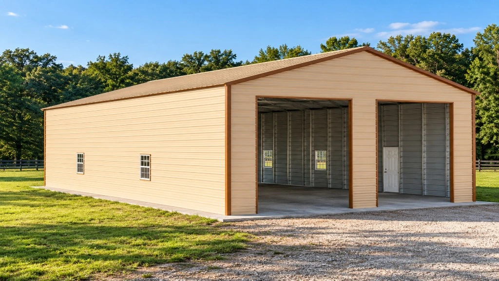 Large storage building with a metal roof and open front, surrounded by grass and trees