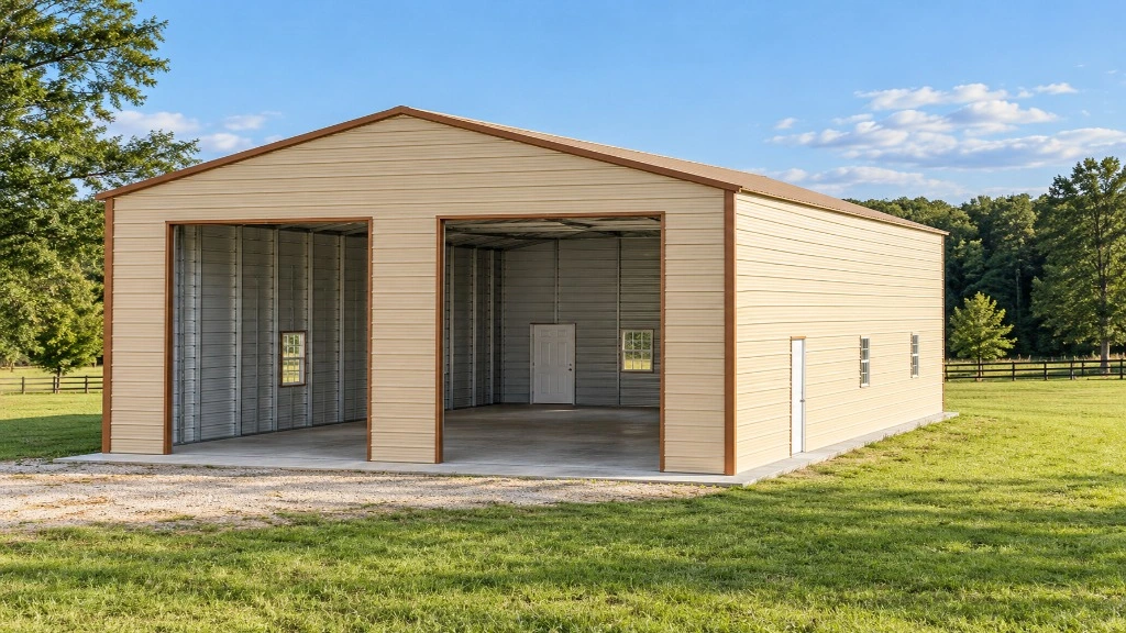 Large metal storage building on a grassy area with open doors