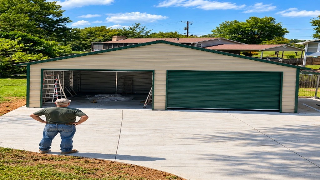 Man standing in front of a newly constructed garage with green accents